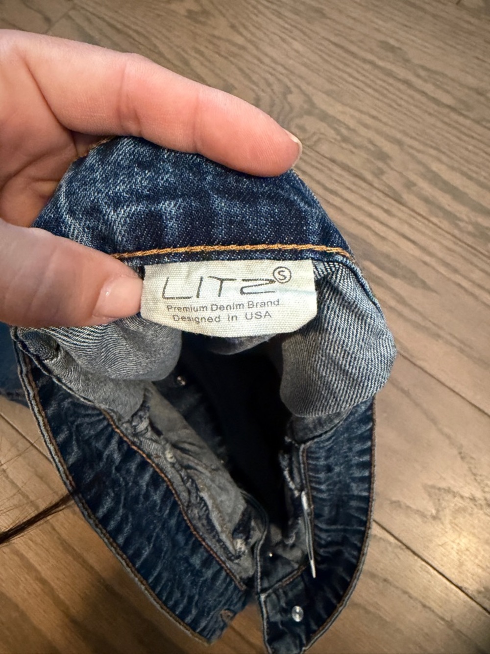 Dark Blue Denim Button-Front Mini Skirt with Embroidered Floral Pocket - Picture 6 of 8